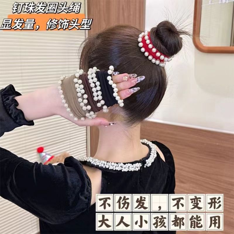 10 Pc - Soft and High Elastic Small Chanel Style Pearl Wide Mask Hair Ring Rubberband (Mix Color OPP bag) (Unit Price 10)