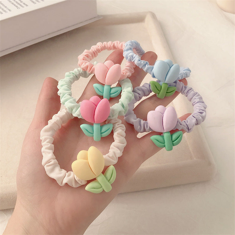 10 Pc - Cute Girly Heart Tulip Flower Hair Rope Rubberband (Mix Color OPP bag) (Unit Price 8)