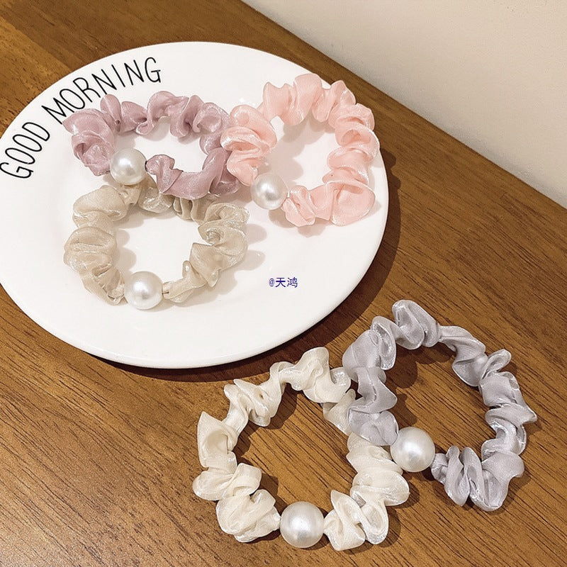 10 Pc - Korean Super Fairy Organza Imitation Pearl Hair Band Rubberband opp packing (1 Pc Price - 6)