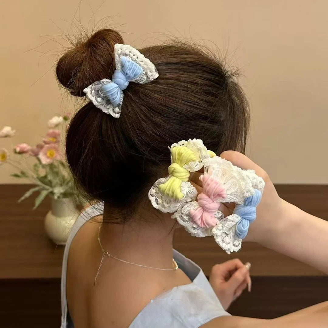 10 Pc - New Lace Bow Adult Hair Tie Rubber Band High-End Hair Rope (Mix Color OPP bag) (Unit Price 7)
