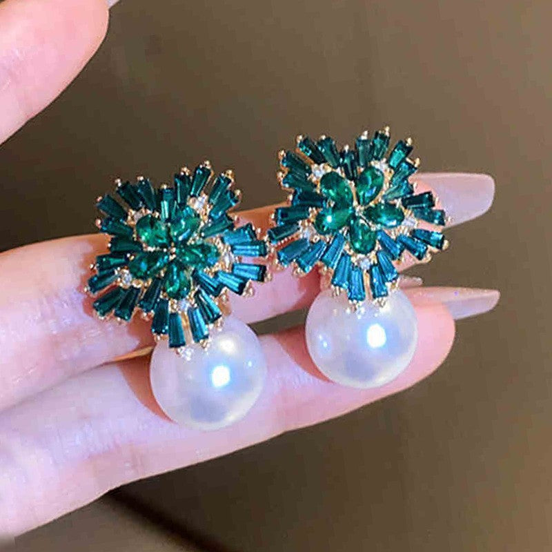 6 Pairs - Spring Camellia Snowflake Sparkling Diamond Pearl Stud Earrings (Mix Color) (1 Pair Price - 66)