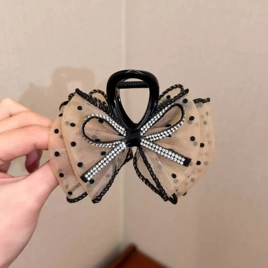 6 Pc - Shiny Bowknot Polka Dot Mesh Bubble Hair Clip Clutcher (Mix Color) (Unit Price - 39)