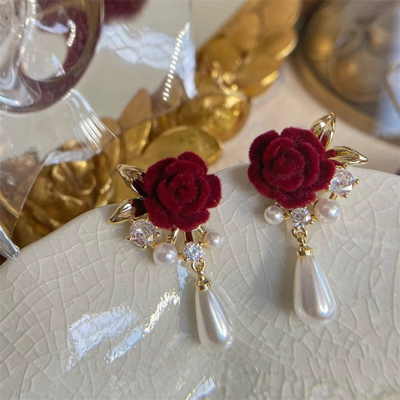 6 Pairs - Black and red velvet rose pearl earrings (Mix Color) (1 Pair Price - 29)