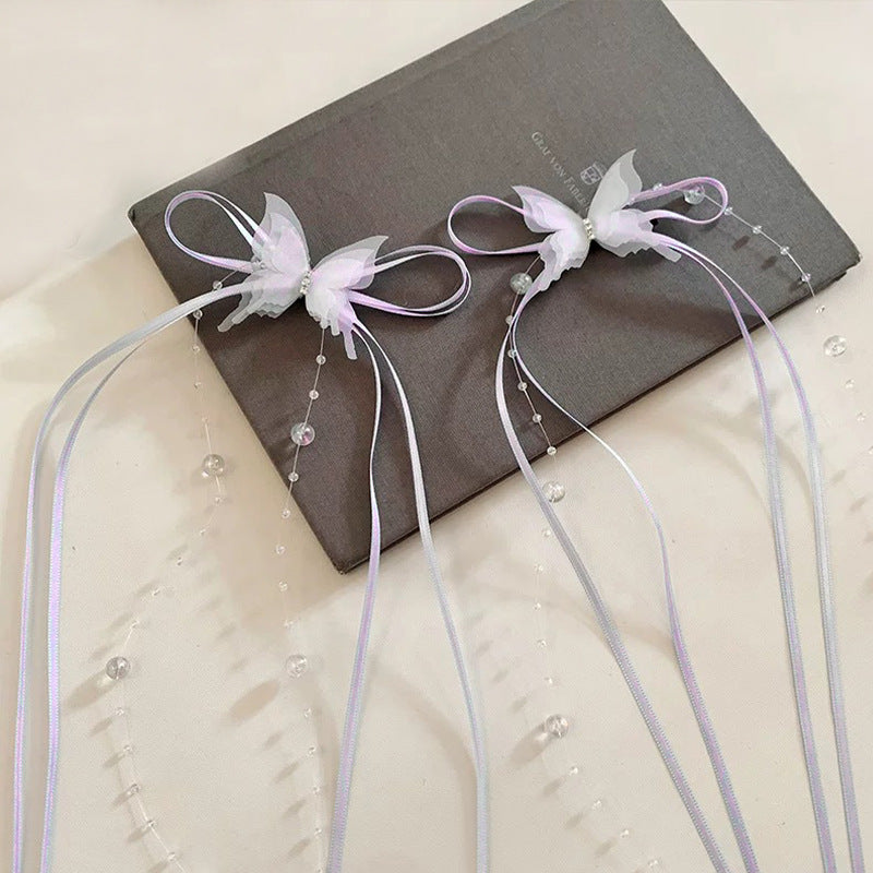 6 Pc - French Retro Ribbon Bead Long Tassel Butterfly Hairpin opp packing (1 Pc Price - 24)