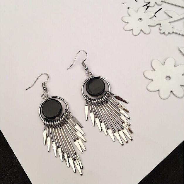 6 Pc - Korean new black tassel earrings - Silver (Unit Price - 40)