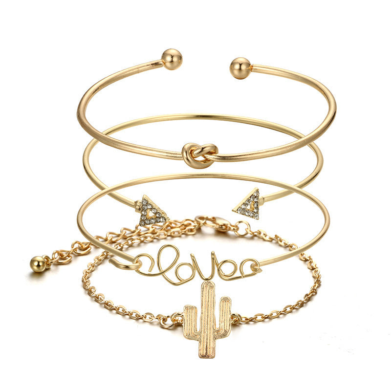 6 Pc - Popular Triangle Knotted LOVE Letter Cactus Set of 4 Bracelet - Golden (Unit Price - 61)