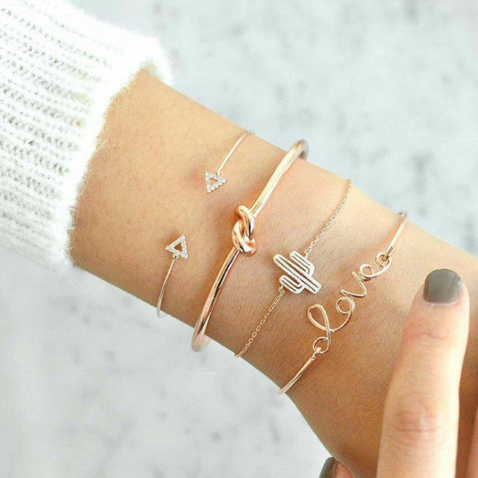 6 Pc - Popular Triangle Knotted LOVE Letter Cactus Set of 4 Bracelet - Golden (Unit Price - 61)