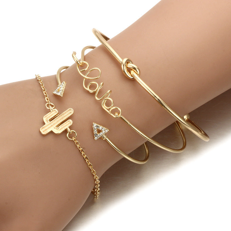 6 Pc - Popular Triangle Knotted LOVE Letter Cactus Set of 4 Bracelet - Golden (Unit Price - 61)