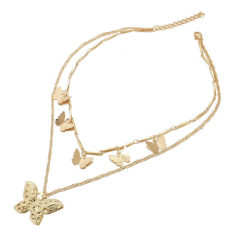 6 Pc - Butterfly pendant double-layer necklace - Golden (Unit Price - 47)