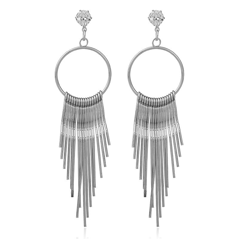 6 Pairs - Zircon long tassel earrings - Silver (1 Pair Price - 34)