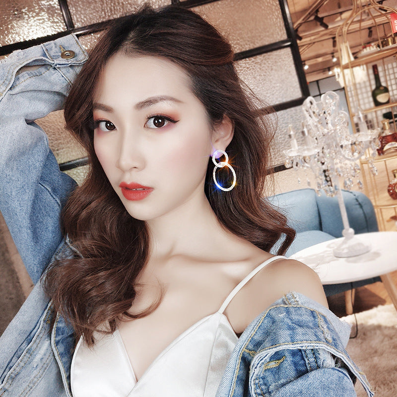 6 Pairs - Large and Small Circle Rhinestone Long Earrings - Silver (1 Pair Price - 50)