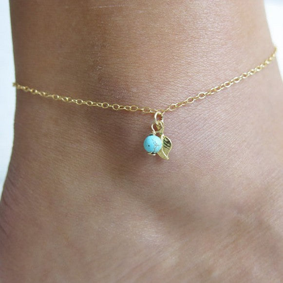 6 Pc - Metal Leaf Turquoise Pendant Anklet (Unit Price - 19)