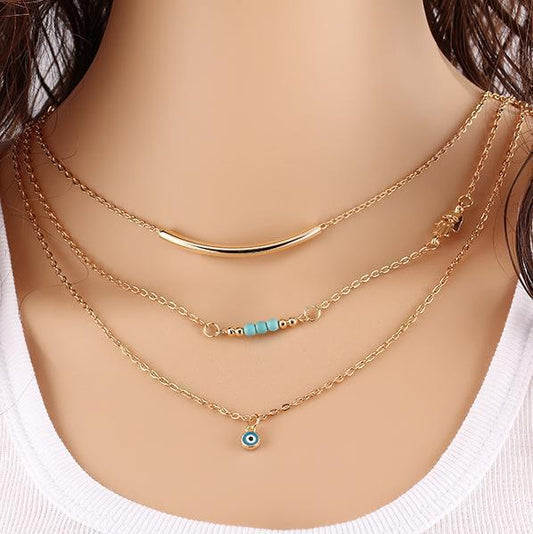 6 Pc - Blue eyes style turquoise multi layer necklace - Golden (Unit Price - 33)