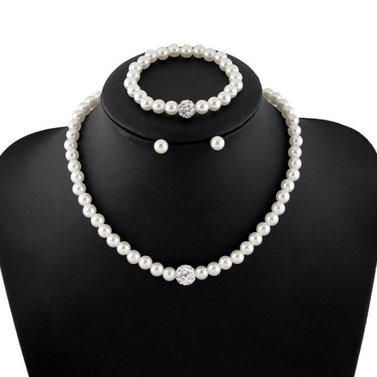 6 Pc - Three-piece set bride wedding pearl necklace earrings bracelet set (Unit Price - 58)