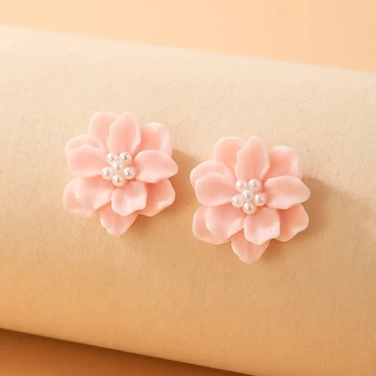 6 pc - Fresh three-dimensional Peach Flower Pearl Earrings (Unit Price - 21)