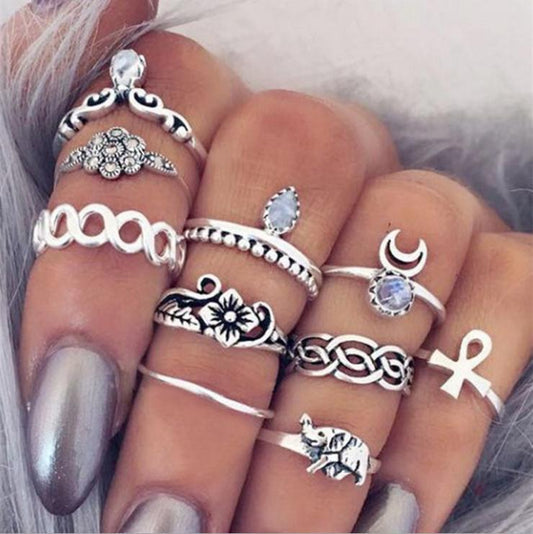 6 Pc - Retro exaggerated texture carved combination ten-piece ring set - Silver (Unit Price - 38)