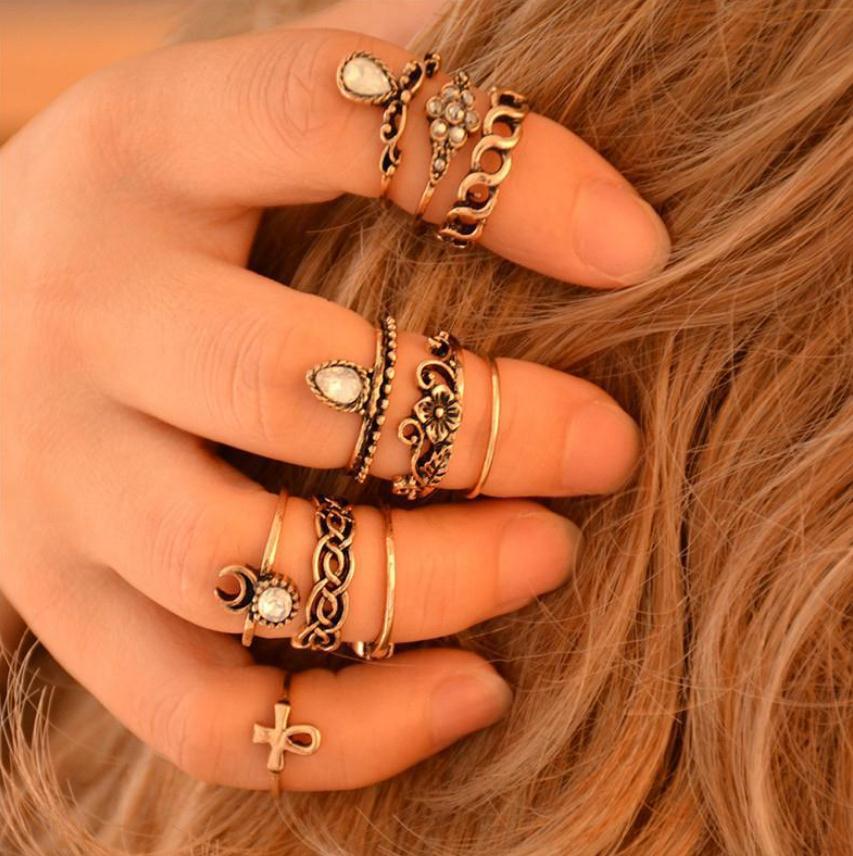 6 Pc - Retro exaggerated texture carved combination ten-piece ring set - Golden (Unit Price - 38)