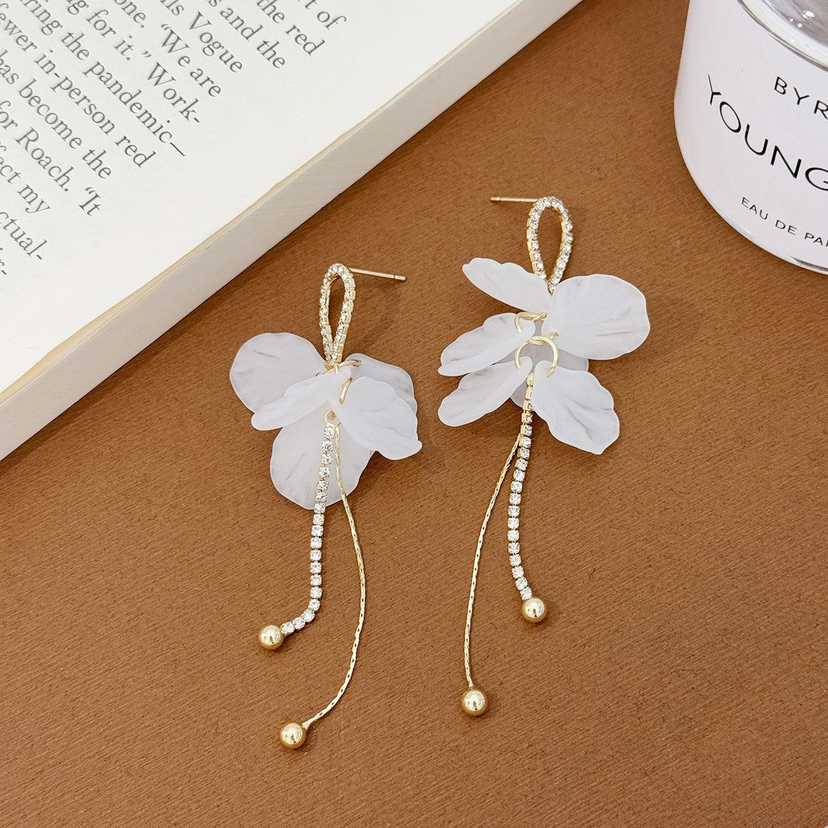 6 Pairs - Korean White Petal Tassel Elegant Fashion Long Earrings (1 Pair Price - 53)