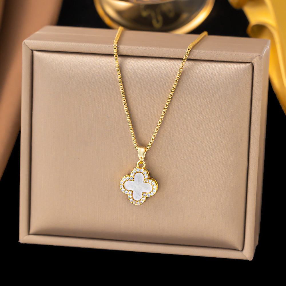3 Pc - Anti Tarnish Black and white four-leaf clover box chain necklace gold (1 Pc Price - 80)