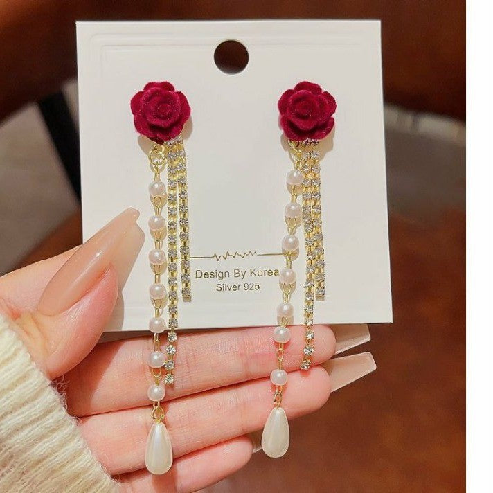 6 Pairs - Flocking Camellia Flower Pearl Tassel Earrings (1 Pair Price - 43)