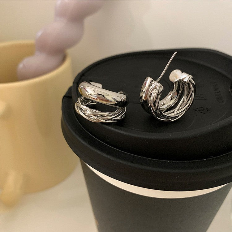 6 Set - Double-layer twisted metal earrings - silver (Unit price 24)