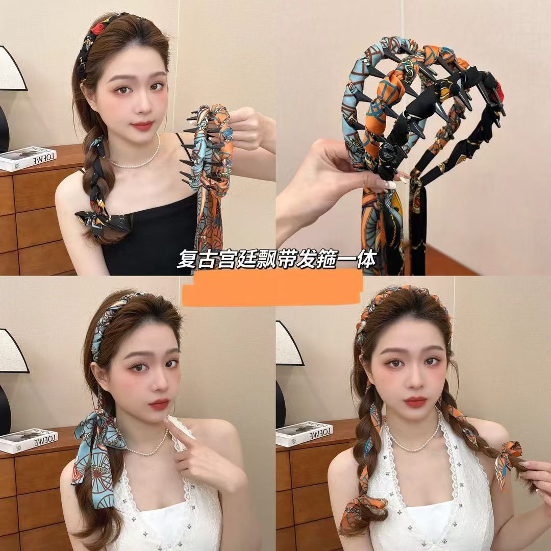 3 Pc - Retro printed ribbon tooth comb headband hair tie - Black (Unit Price - 33)