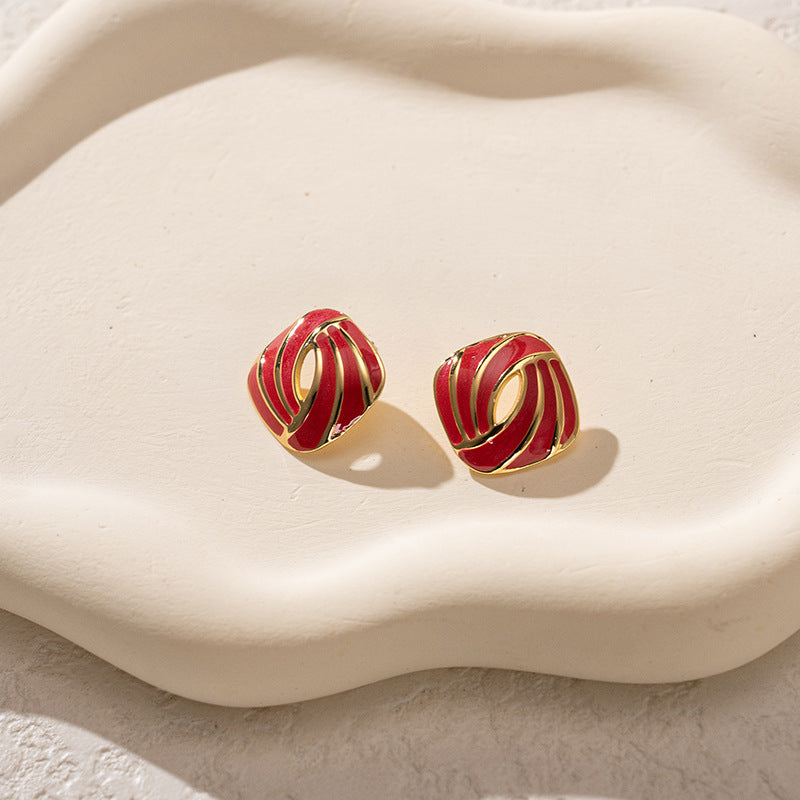 3 Pairs - Colorful Oil Drop Stainless Steel Square Earrings - Red (1 Pair Price - 51)