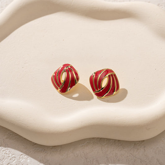 3 Pairs - Colorful Oil Drop Stainless Steel Square Earrings - Red (1 Pair Price - 51)