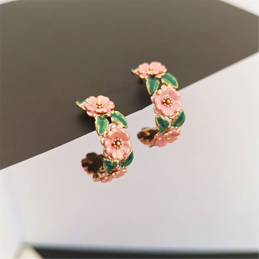 6 Set - Rose branch romantic French glaze flower C-shaped earrings (Unit price 33)