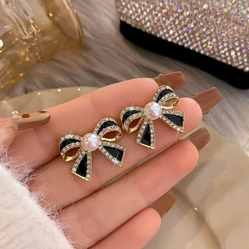 6 Pairs - Black Diamond Pearl Bow Earrings (1 Pair Price - 34)