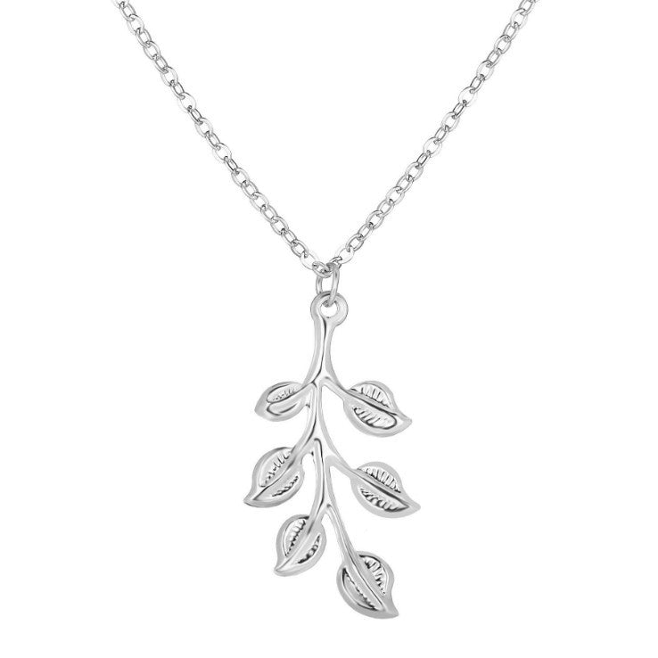 6 Pc - New leaf long retro simple trending necklace - Silver (Unit Price - 12)