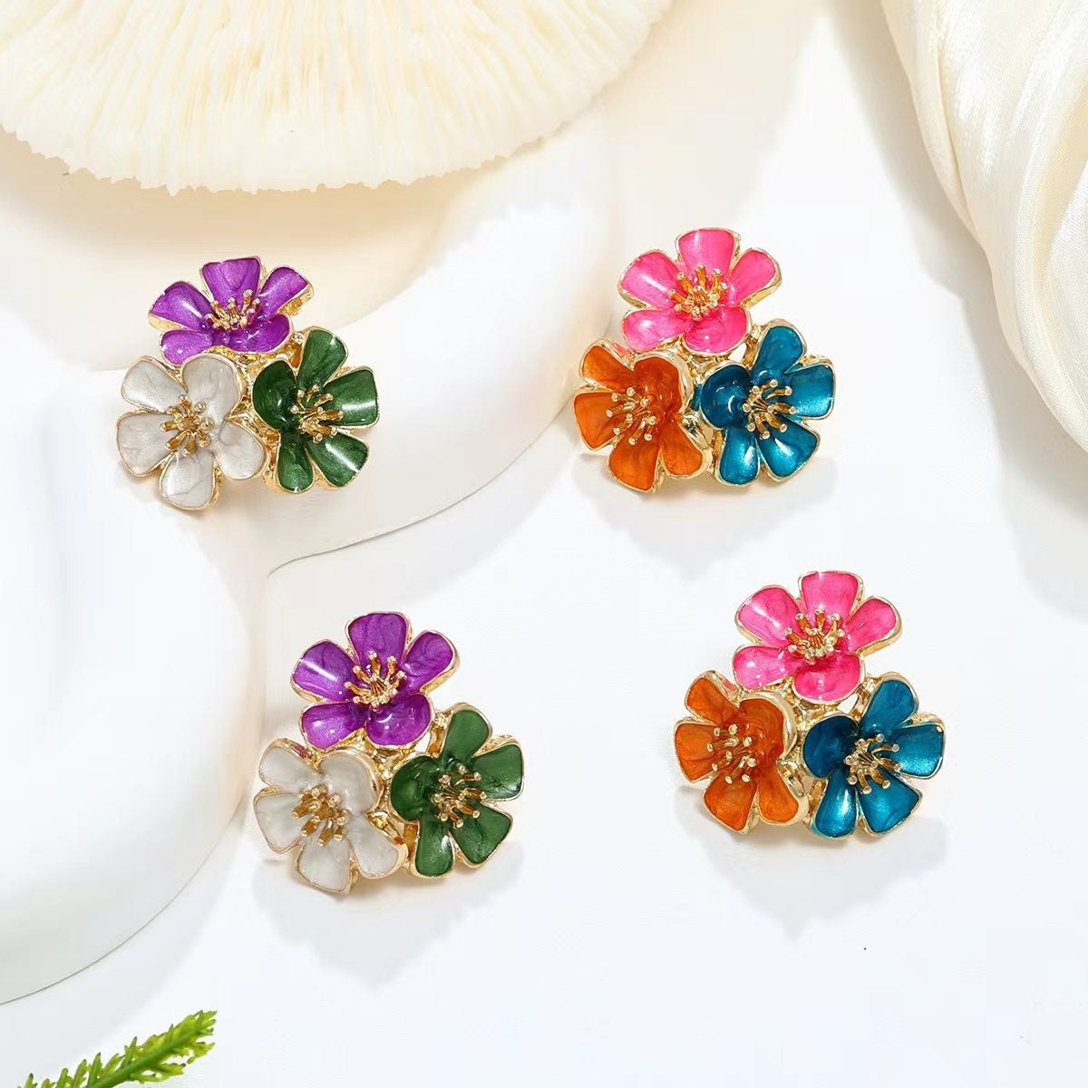 6 Pairs - Sweet and elegant metal oil-drip flower stud earrings (Mix Color) (1 Pair Price - 43)