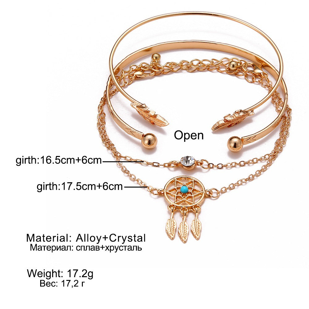 6 Pc - Women's Arrow Leaf Dream Catcher Set of 4 Bracelet - Golden (Unit Price - 57)