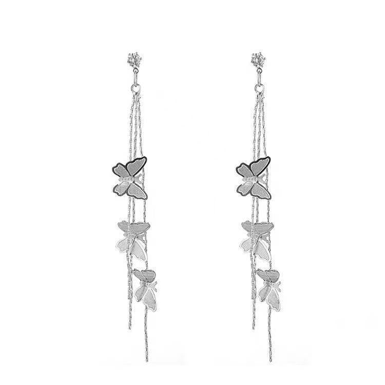 6 Pairs - Fairy Long Tassel Butterfly Earrings - Silver (1 Pair Price - 38)