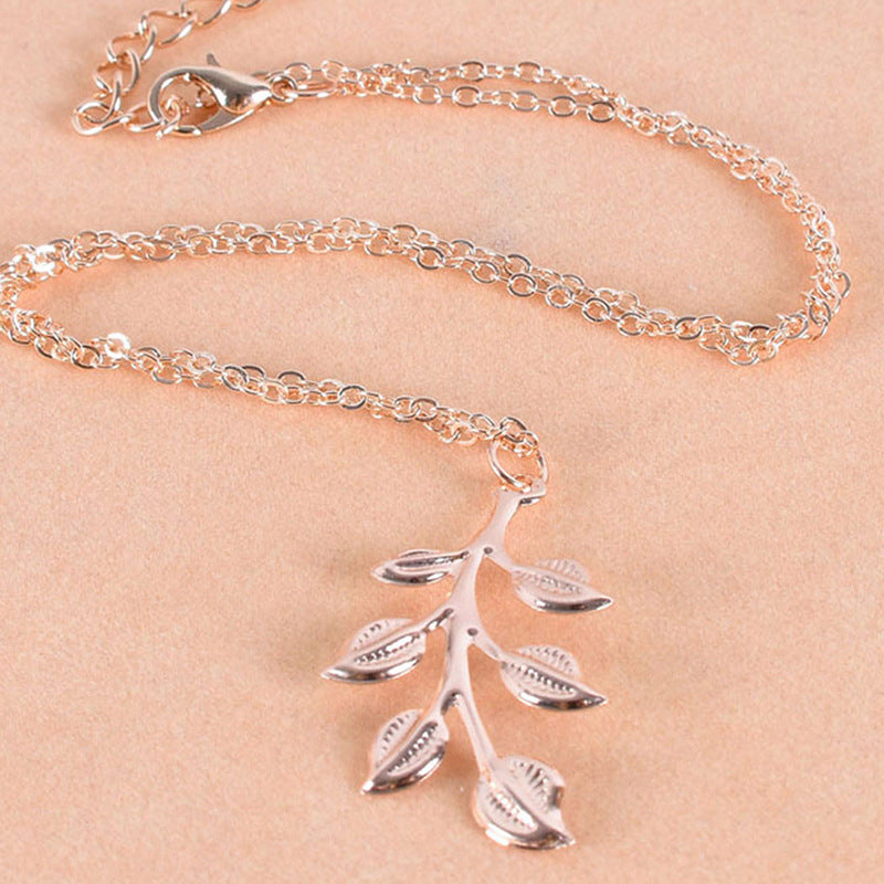 6 Pc - New leaf long retro simple trending necklace - Silver (Unit Price - 12)