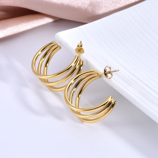 3 Pairs - Trendy Three-layer C- shaped Hollow Round Tube Earrings (1 Pair Price - 77)