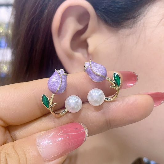 6 pc - Korean Tulip Pearl Earring - Purple (Unit Price - 19)