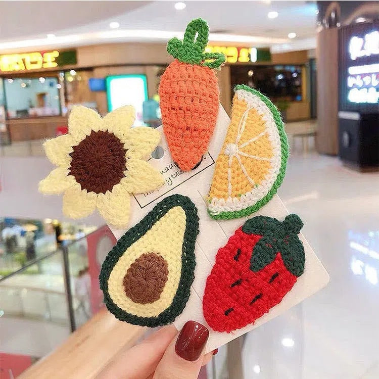 6 Pc - Large Handmade Woven Wool Fruit Series Hairpin opp packing (1 Pc Price - 12)