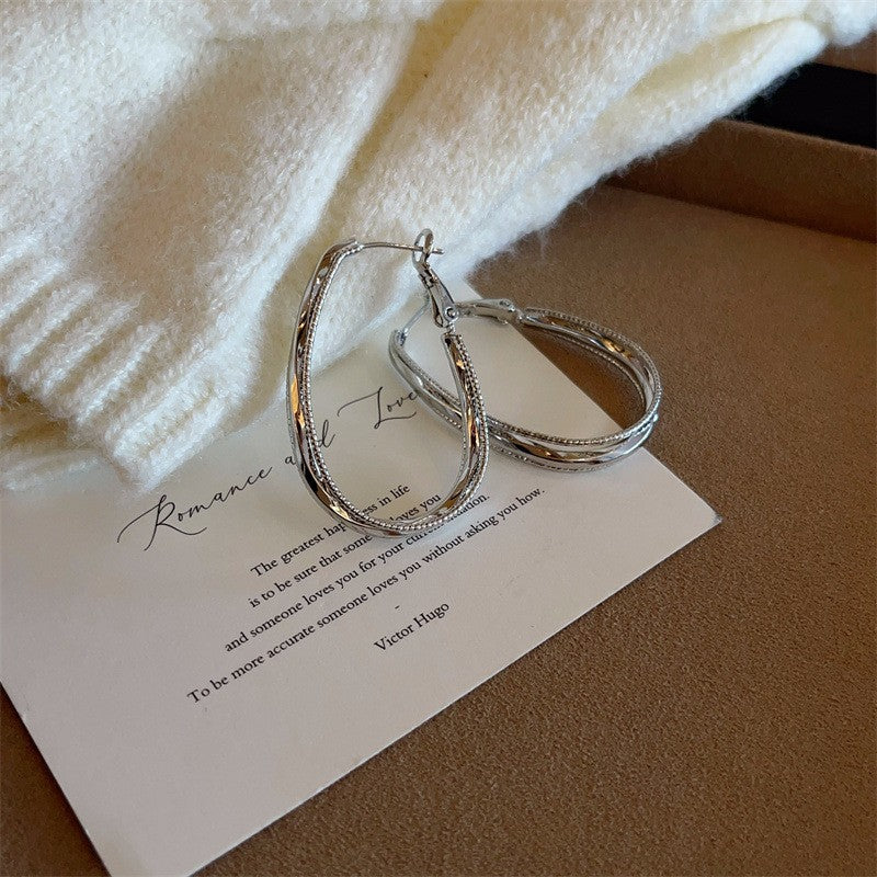 6 Pairs - Unique Geometric Texture Hoop Earrings - Silver (1 Pair Price - 37)