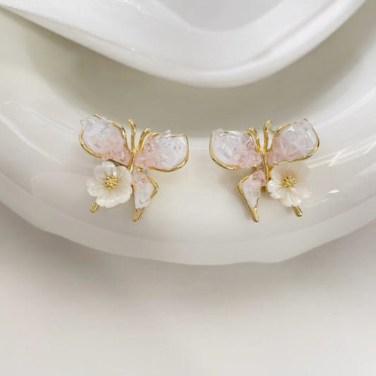 6 Set - Korean gradient crystal butterfly flower earrings - Pink (Unit price 43)