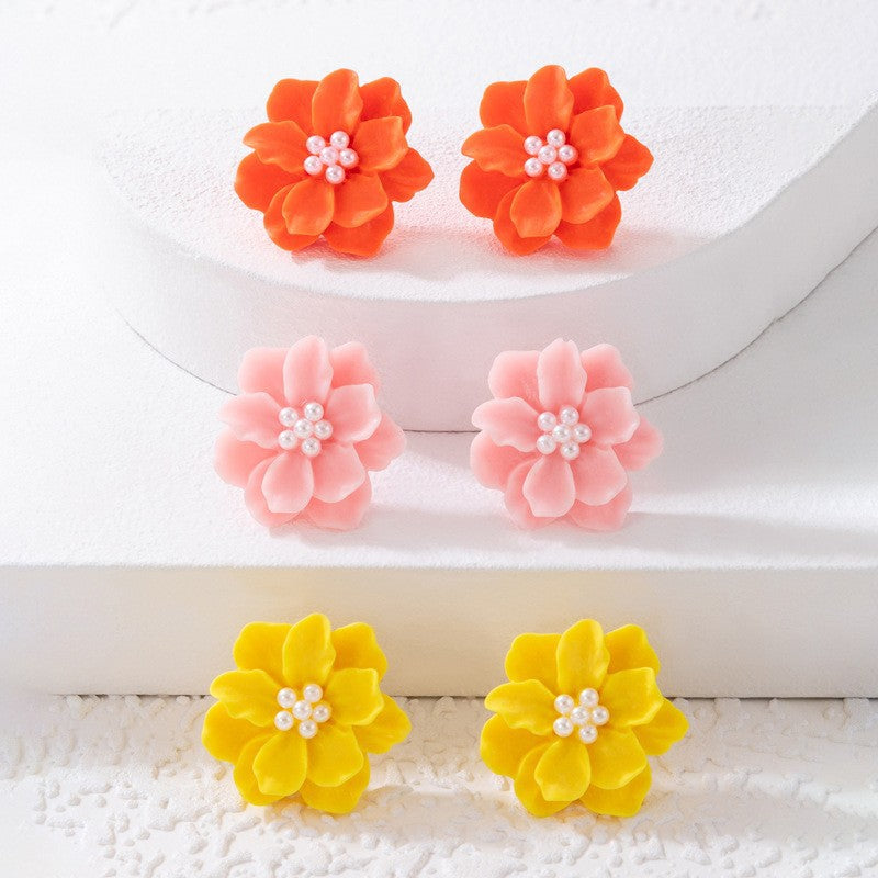 6 Pairs - Three-Dimensional Floral Pearl Earrings (Mix Color) (1 Pair Price - 23)