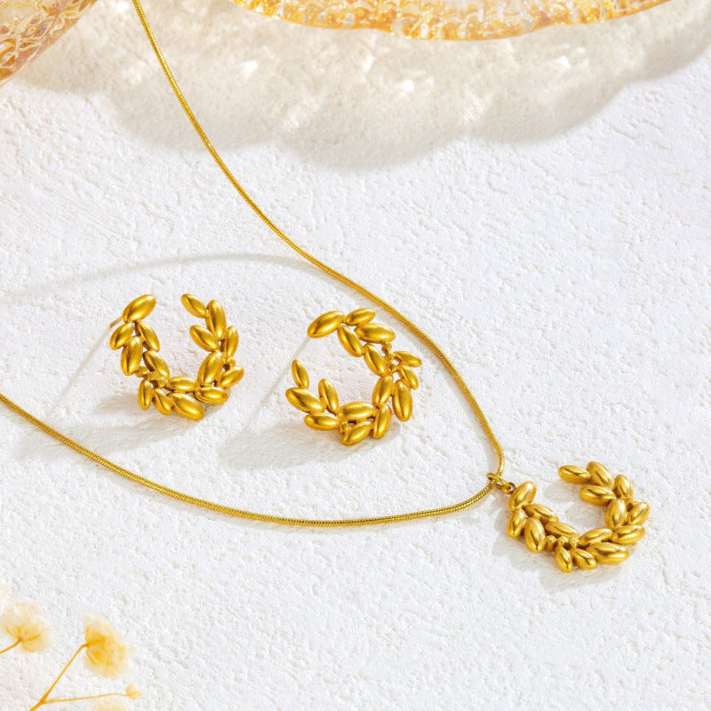 3 Set - Anti Tarnish Wheat Ear Circle Necklace Earring Set (1 Set Price - 170)