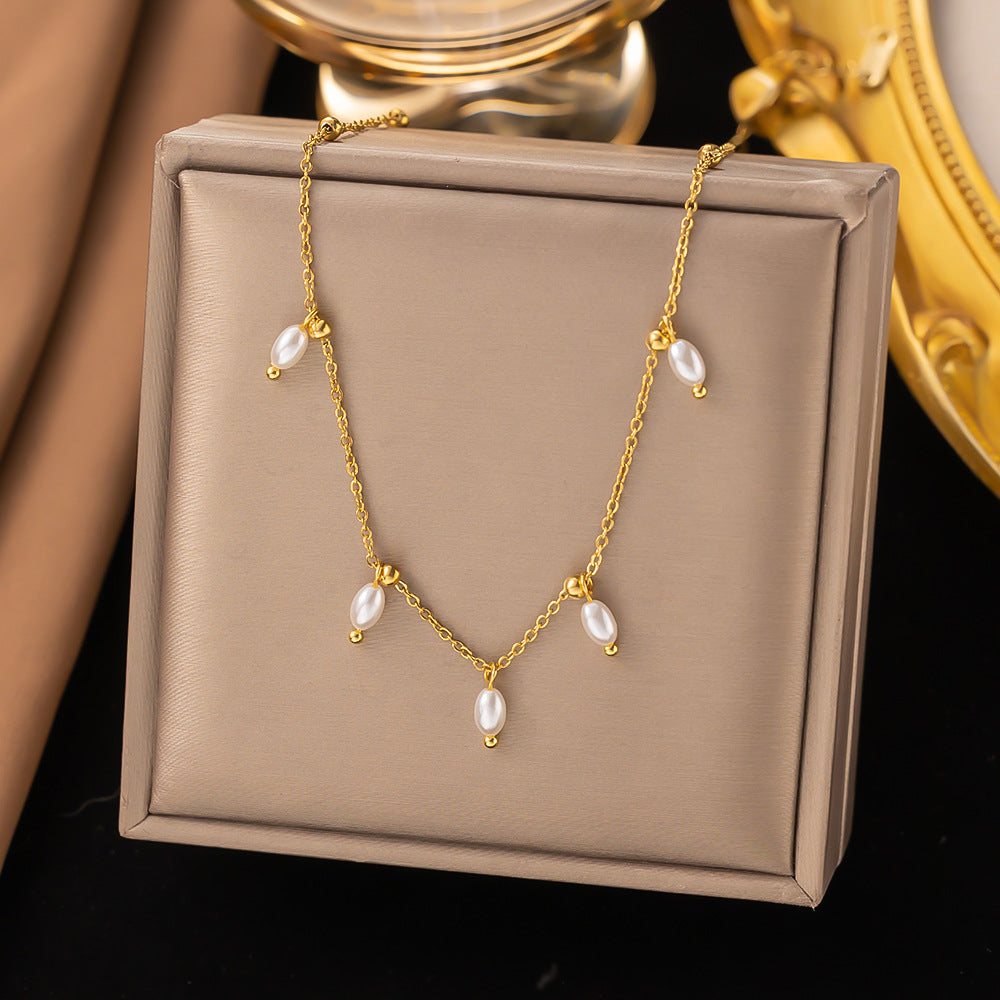 3 Pc - Anti Tarnish 5 rice beads necklace - Gold (1 Pc Price - 72)