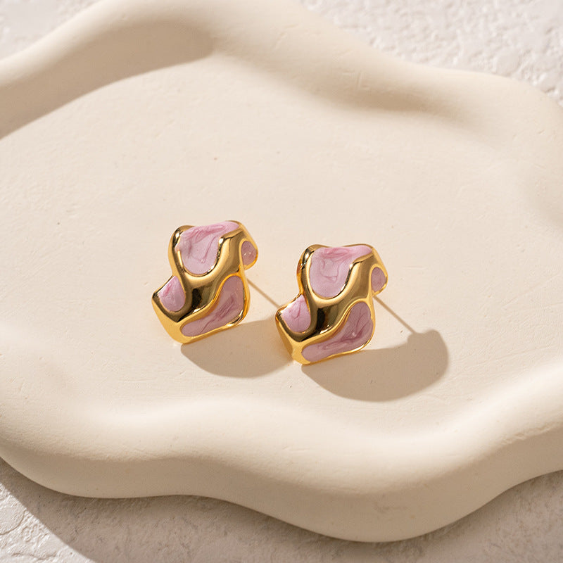 3 Pairs - Colorful Oil Drop Stainless Steel Irregular Earrings - Pink (1 Pair Price - 51)