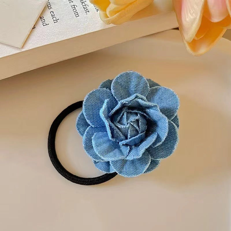 6 Pc - Sweet Cool Denim Blue Camellia Hair Rubberband - Mix Color (1 Pc Price - 20)