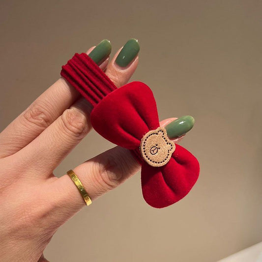 6 Pc - New Year's red velvet bear and bow rubber band (Unit Price - 5)