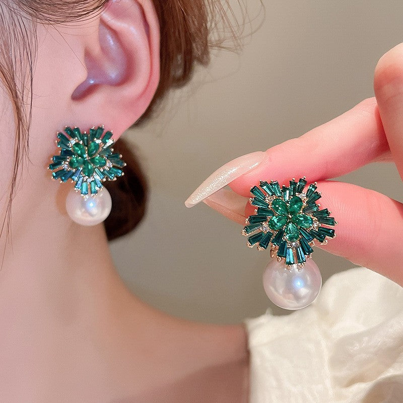 6 Pairs - Spring Camellia Snowflake Sparkling Diamond Pearl Stud Earrings (Mix Color)  (1 Pair Price - 66)