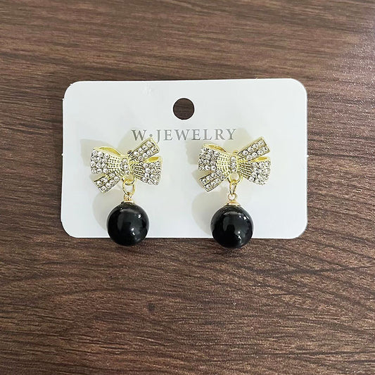 6 pc - Bow round bead diamond earring Christmas women's fashion earrings  - Black colour (Unit Price - 36)