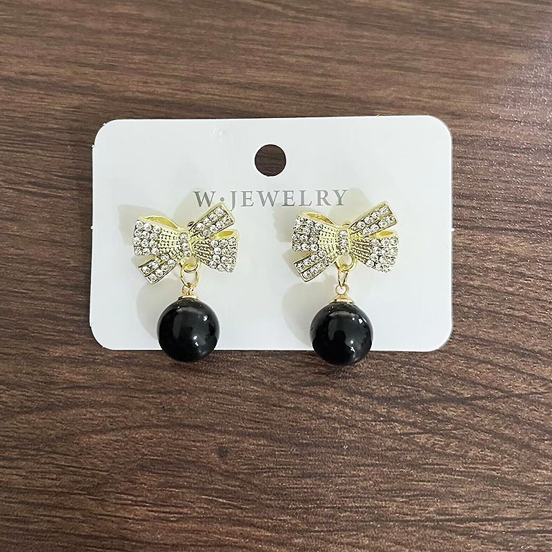 6 Pc - Bow round bead diamond earrings Christmas women's fashion earrings - Black colour (Unit Price - 36)