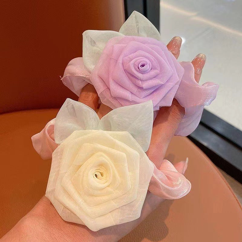 3 Pc - Hand-Woven Fabric Rose Flower Women's Back Head Hair Tie - Purple Rose (1 Pc Price - 34)